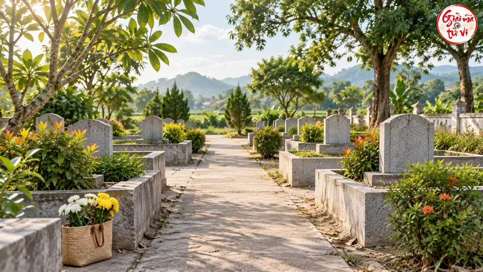 Lối đi lát giữa những phần mộ đá thấp, cây xanh và giỏ hoa bên cạnh