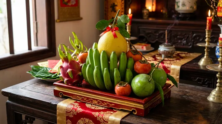 Đĩa quả có chuối xanh, bưởi thắt nơ đỏ, thanh long, cam và ổi trên đế đỏ vàng, phía sau có bát hương và nến đang cháy