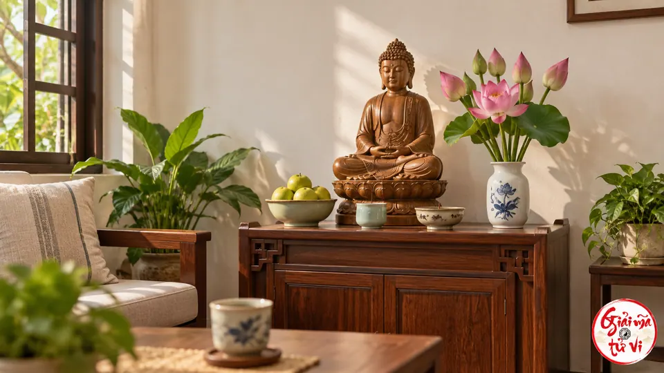 Tượng Phật, bình hoa sen, chén nước và bát gốm trên bàn gỗ trong phòng.