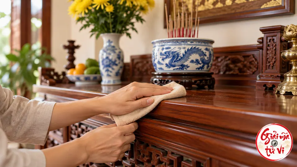 Hai bàn tay dùng khăn lau mặt gỗ phía trước bàn thờ có bát hương và bình hoa.