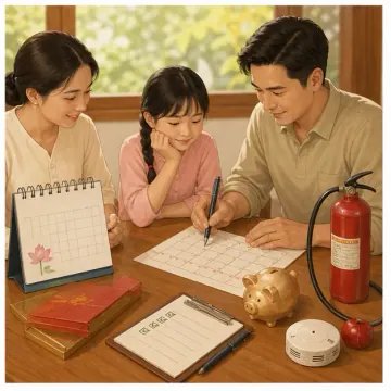 Hai người lớn và bé gái bên tờ lịch, sổ trống và đồ vật trên bàn gỗ