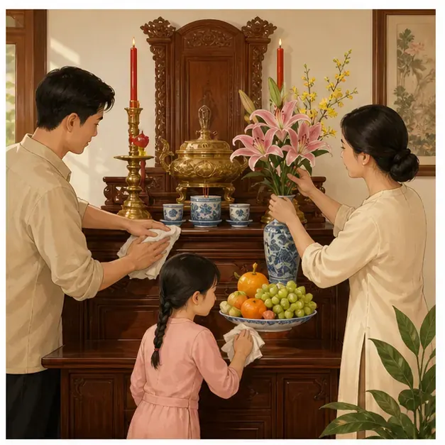 Hai người lớn và một bé gái lau dọn, cắm hoa bên nơi thờ có nến và lư hương