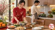 Người phụ nữ đặt bát thức ăn lên bàn, người đàn ông nấu bên bếp phía sau