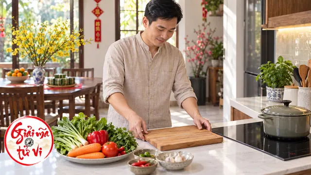 Người đàn ông đặt thớt gỗ trên mặt bàn cạnh rau củ và bếp từ có nồi đậy nắp