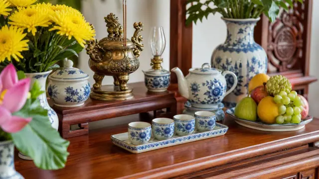 Bàn thờ gỗ có bình hoa cúc và sen, bát hương bằng đồng, chén và ấm gốm
