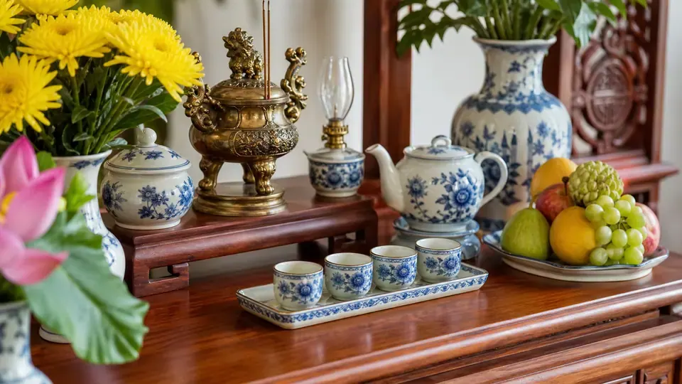 Ấm và chén trà sứ xanh trắng cạnh lư hương đồng, đèn, hoa và trái cây
