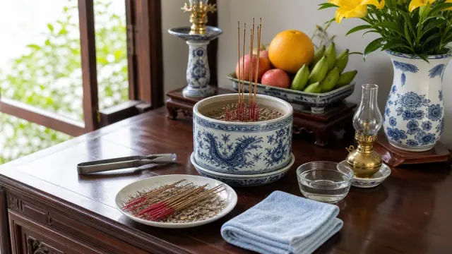 Bát hương gốm, kẹp kim loại, khăn xanh và bát nước trên bàn gỗ