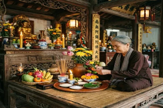 Người phụ nữ lớn tuổi sắp hoa vàng và sen cạnh mâm quả, đồ gốm và bàn thờ gỗ