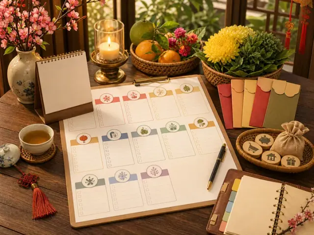 Tờ bảng ô có biểu tượng hoa, đèn, lá và trái cây cạnh giỏ cúc, quả và phong bì trên bàn