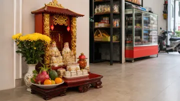 Ban thờ thấp có hai tượng, cúc vàng, quả và chén trước tủ hàng, gần cửa kính