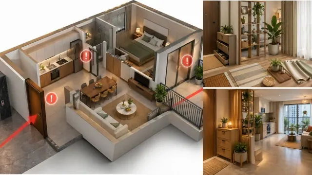 Mô hình căn hộ có mũi tên đỏ cạnh các phòng, bên phải là hai cảnh vách ngăn phòng khách