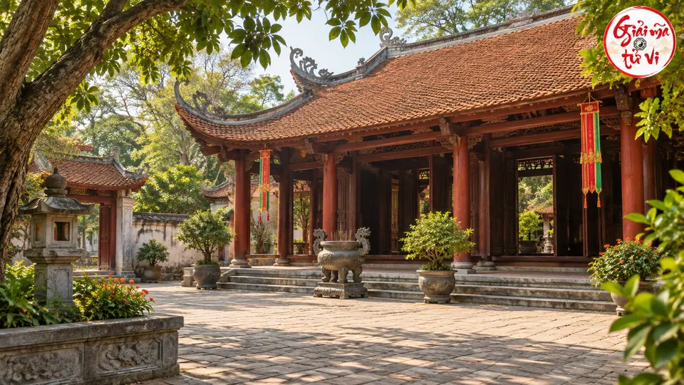 Sân lát đá và hiên gỗ mái ngói cạnh cây xanh, không có người