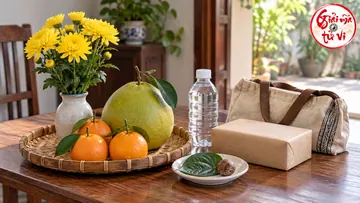 Hoa vàng, quả, lá trầu, bánh và chai nước trên bàn, logo góc trên phải