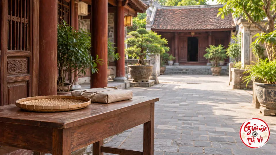 Bàn gỗ đặt bên lối đi trong sân kiến trúc Việt, trên bàn có khay tre và túi vải đóng