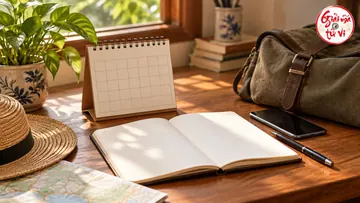 Lịch trống, sổ mở và túi bên cửa sổ, logo góc trên phải