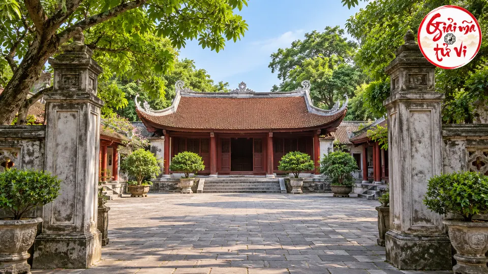 Lối vào sân lát đá, gian nhà mái ngói và cây xanh ở một cảnh đền minh họa