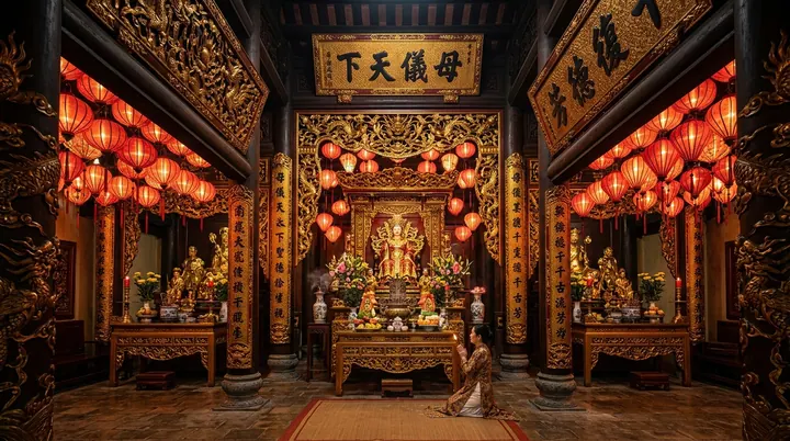 Khong gian dien tho Mau Tam Phu Tu Phu trang nghiem ruc ro son son thiep vang
