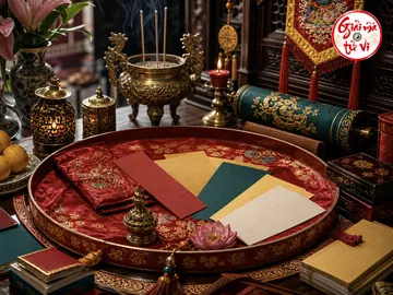 Khay đỏ có giấy trơn nhiều màu, vải thêu và đồ đồng trước gian gỗ, logo góc trên phải