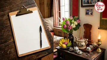 Bảng kẹp giấy trống bên bàn thờ gia tiên, logo góc trên phải