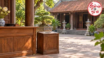 Hộp gỗ kín có khe trên nắp bên bàn tiếp đón trước sân mái ngói, logo góc trên phải