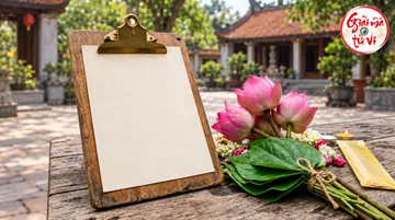 Bảng kẹp giấy trống bên hoa sen và lá trầu trước sân mái ngói, logo góc trên phải