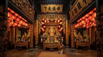 Nội thất nơi thờ có cột gỗ, đèn lồng đỏ và tượng ở cuối gian