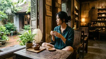 Người phụ nữ cầm chén bên bàn gỗ nhìn ra sân cây