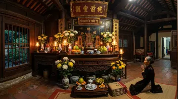 Người quỳ trước nơi thờ có đèn, hoa và đồ dâng trong gian gỗ
