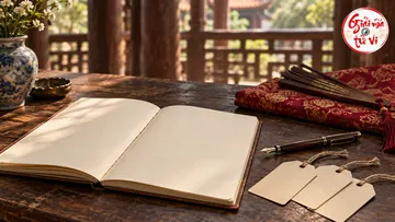 Sổ mở trống, thẻ giấy, bút và vải đỏ trên bàn, logo góc phải trên