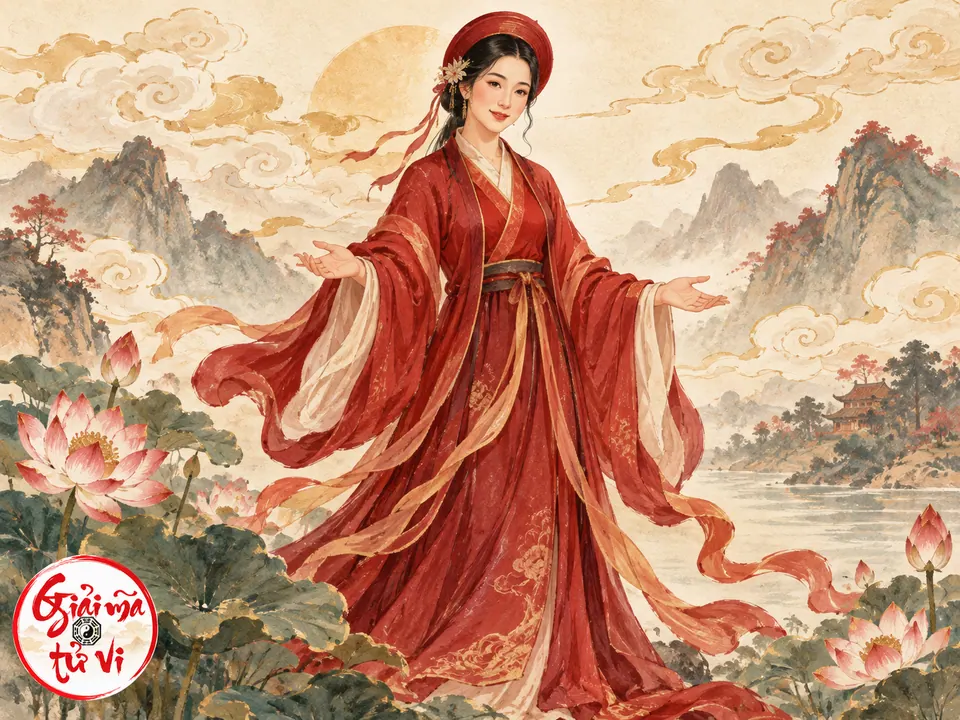 Tranh nhân vật nữ áo đỏ dang tay giữa mây, hoa sen và núi, có logo ở góc trái dưới