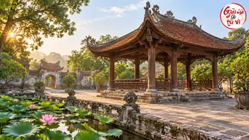 Tranh sân vườn, mái ngói, thủy đình và hồ sen, logo góc trên phải