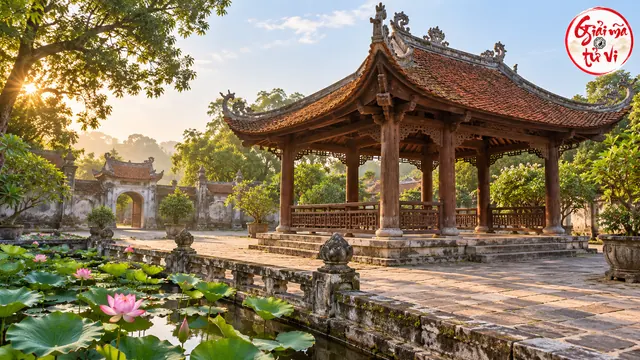 Nhà gỗ mái ngói cạnh hồ sen và sân lát đá; logo góc trên phải