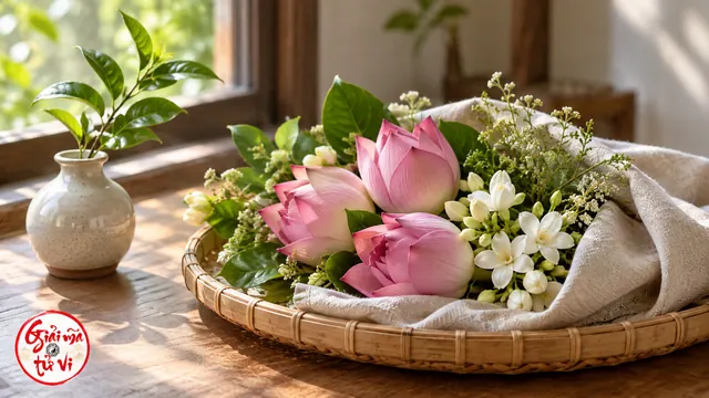 Khay mây có hoa sen hồng, hoa trắng và vải cạnh bình gốm; logo góc dưới trái