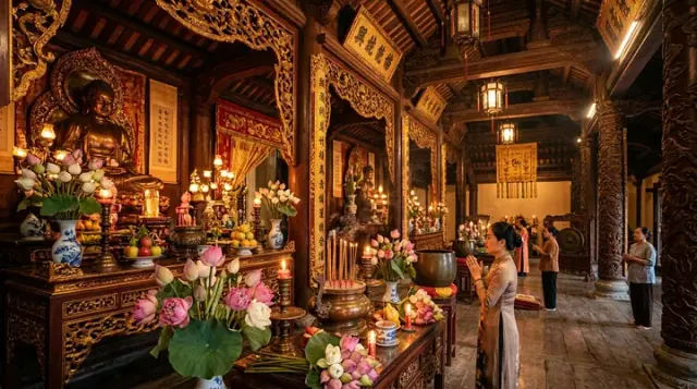 Ba người đứng trong gian thờ có tượng, hoa sen, đèn và cột chạm vàng