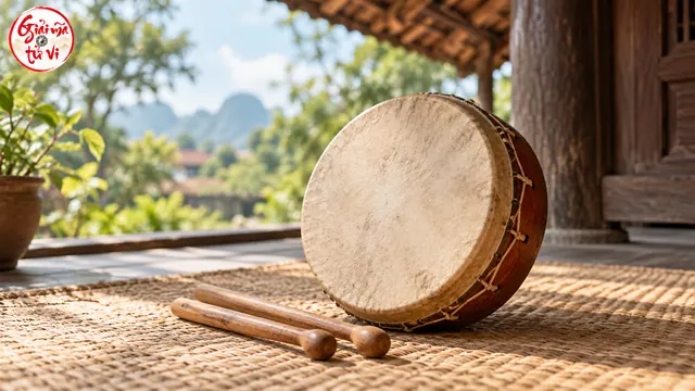 Trống tròn và hai dùi gỗ trên chiếu dưới mái hiên; logo góc trên trái