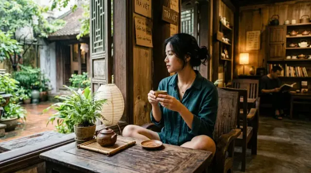 Người phụ nữ cầm chén ngồi bên bàn trà nhìn ra sân cây