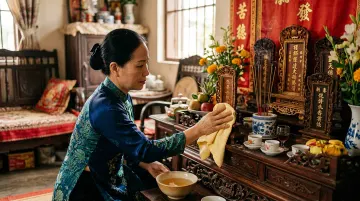 Người phụ nữ lau bàn trước nơi thờ trong nhà, logo góc trên phải
