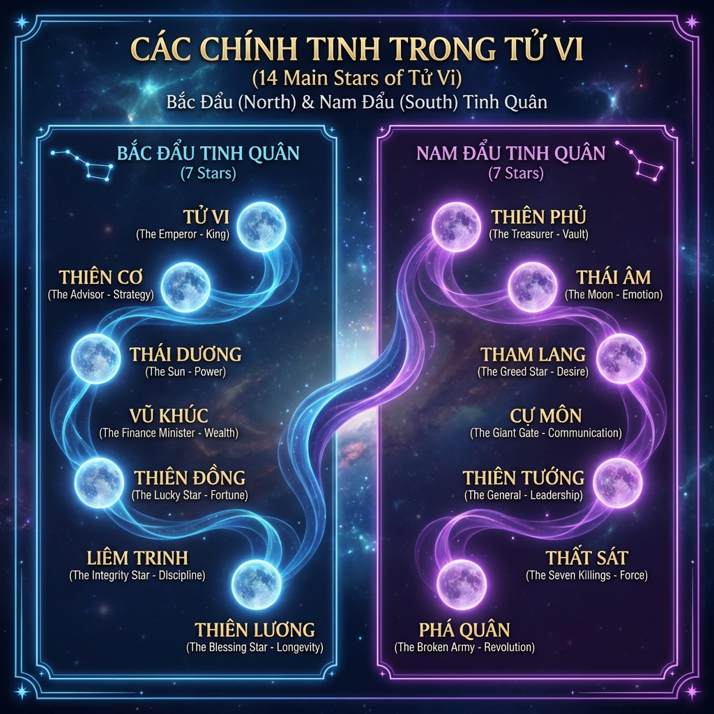 Tên các chính tinh được trình bày thành hai cột trên nền bầu trời xanh tím