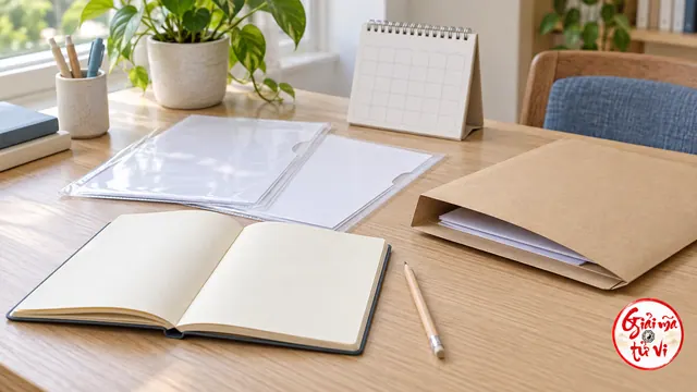 Sổ trống cạnh bút chì, túi đựng giấy và bìa hồ sơ trên bàn gỗ
