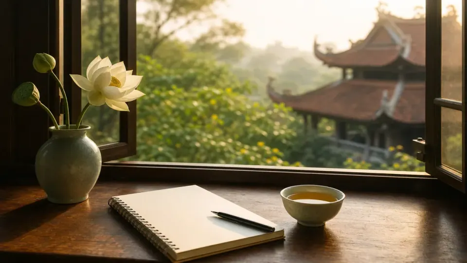 Sổ trống, bút và chén trà cạnh bình sen trắng dưới cửa sổ