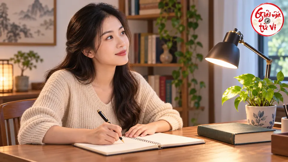 Một phụ nữ ngồi ghi sổ, tay phải cầm bút và tay trái đặt trên trang, bên cạnh sách đóng và đèn bàn