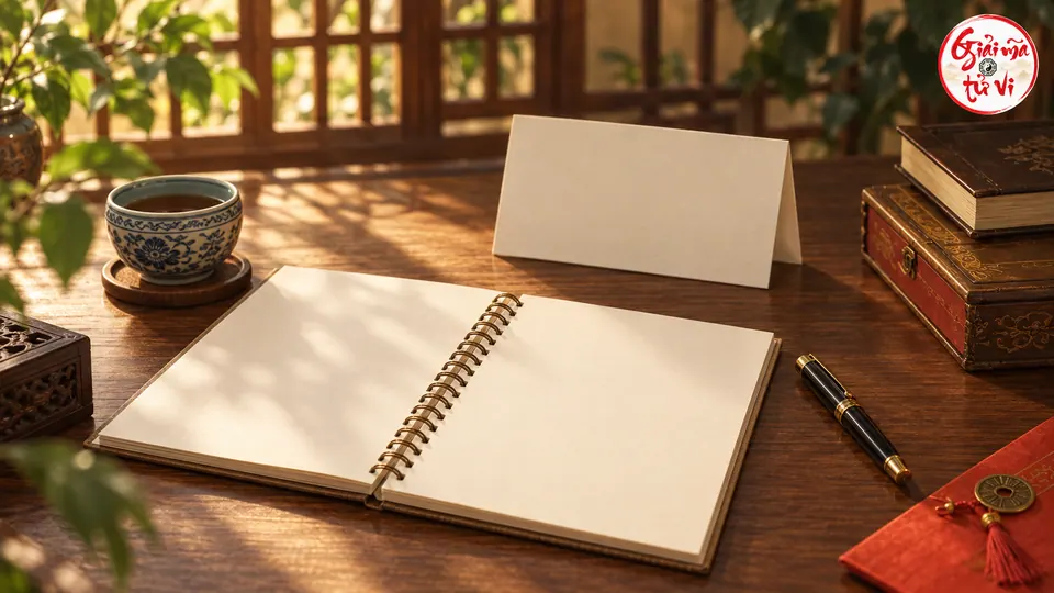 Sổ mở trang trắng cạnh tấm thẻ trống, chén trà và sách trên bàn gỗ, logo Giải Mã Tử Vi ở góc phải trên