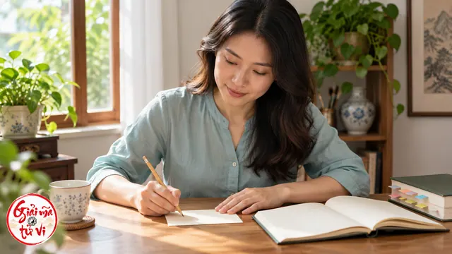 Người phụ nữ áo xanh cầm bút chì trên thẻ giấy trống, tay còn lại giữ giấy cạnh sổ mở