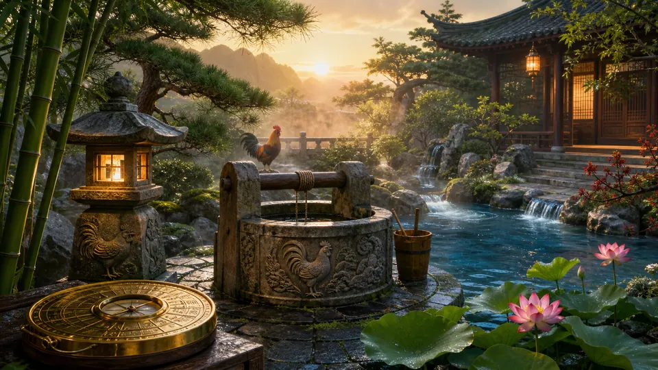 Sân phong thủy Ất Dậu nam mạng có giếng đá, dòng nước, hoa sen, tre, đèn đá khắc gà trống và la bàn đồng