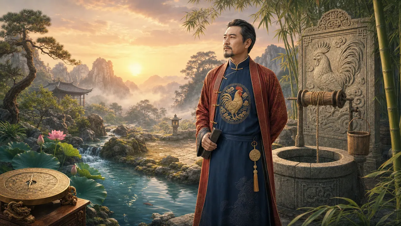 Nam Ất Dậu đứng bên giếng đá và dòng suối lúc bình minh, cạnh phù điêu gà trống, tre xanh và la bàn đồng