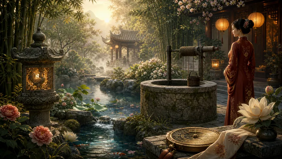 Sân phong thủy Ất Dậu nữ mạng có giếng đá, dòng nước, hoa sen, đèn đá hình gà trống, tre và la bàn đồng