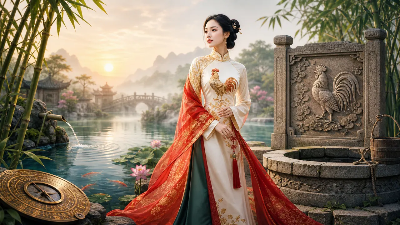 Nữ Ất Dậu đứng bên giếng đá và mặt nước lúc bình minh, cạnh phù điêu gà trống, tre xanh và la bàn đồng