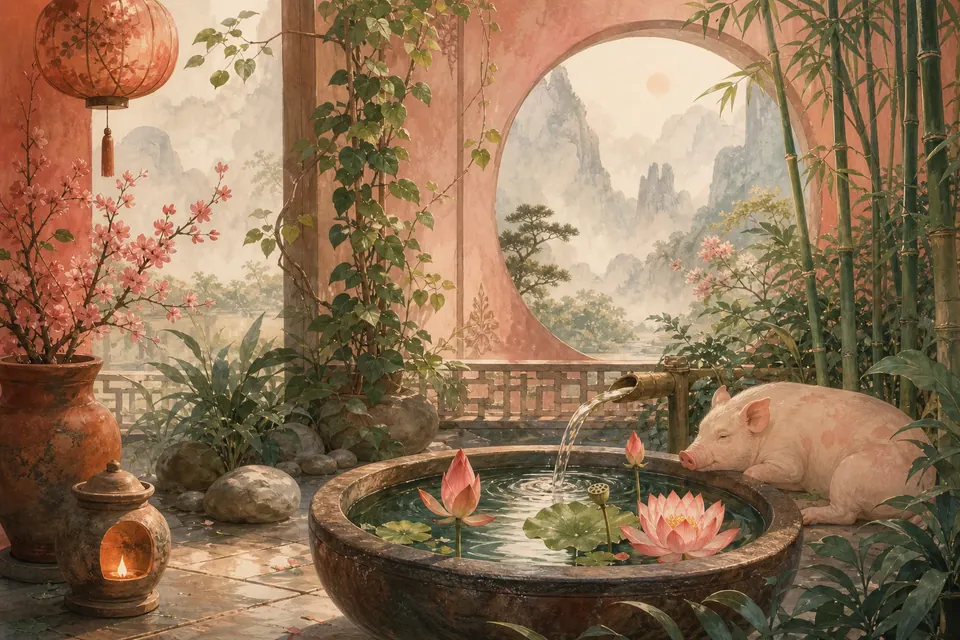 Sân vườn phong thủy có chậu nước sen, đèn lửa nhỏ, tre, dây leo, gốm đất và lợn nghỉ yên cho Ất Hợi nữ mạng