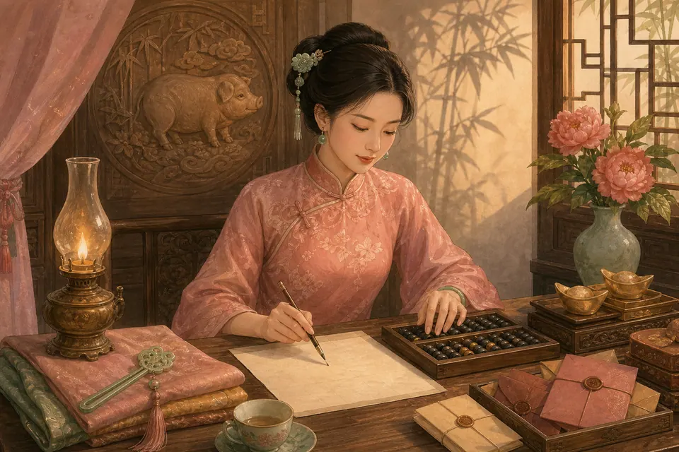 Người nữ Ất Hợi bên bàn làm việc gỗ với giấy trống, bàn tính, đèn dầu, lụa hồng và phù điêu Hợi