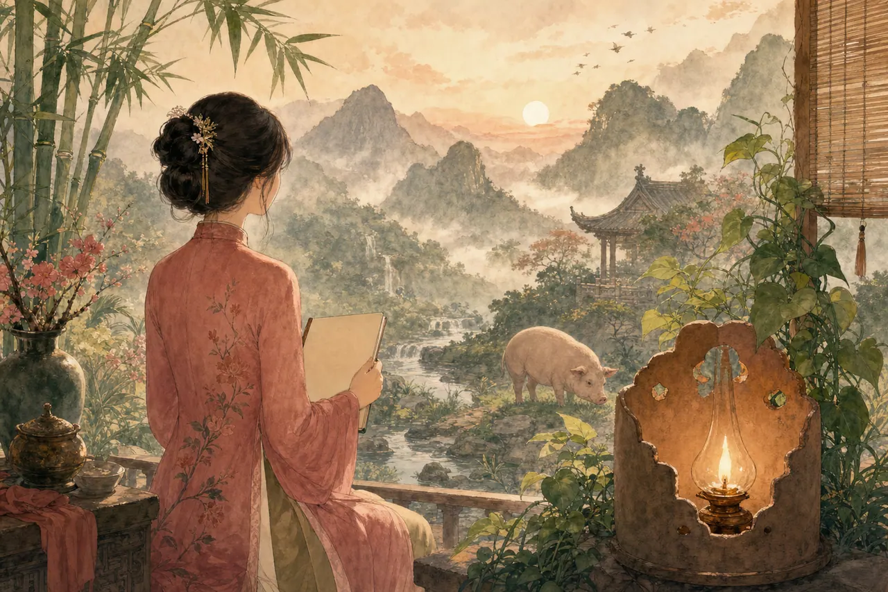 Tử vi trọn đời tuổi Ất Hợi nữ mạng với vườn núi bình minh, áo hồng trầm, đèn ấm, tre xanh và biểu tượng Hợi